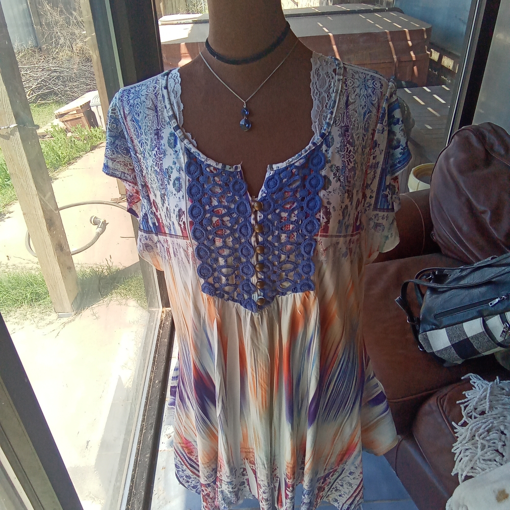 OneWorld Live And Let Live Women's Red & Blue Paisley Boho Top, Size M